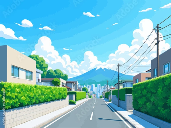 Obraz  a modern residential street in South Korea during summer, 2-point perspective, lined with clean low-rise contemporary houses with flat roofs and large windows 