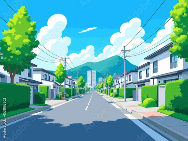 Obraz  a modern residential street in South Korea during summer, 2-point perspective, lined with clean low-rise contemporary houses with flat roofs and large windows 