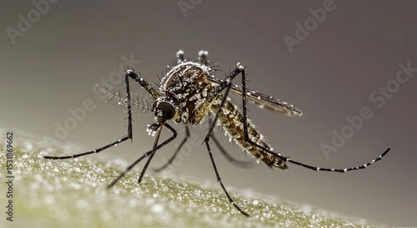 Fototapeta A mosquito is standing on a surface, with its legs spread out