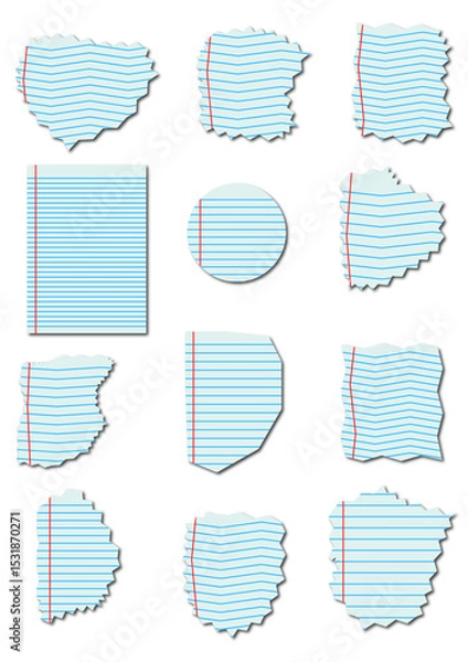 Fototapeta Notebook Paper Pieces A collection of twelve various shapes and sizes of ripped notebook paper pieces with light blue lines on white background, ideal for design projects that need a unique texture.