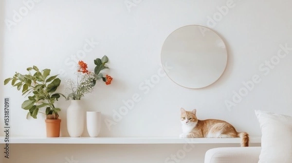 Fototapeta 66.A cozy white living room with a minimalist touch, featuring a floating shelf adorned with a round mirror, a simple flower vase, and a few small plants. A cat lounges in the corner of the room,