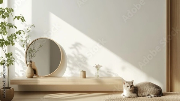Fototapeta 70.A minimalist home interior featuring a white wall with a floating shelf decorated with a round mirror, a flower vase, and a few small plants. A cat peacefully rests on the floor, adding warmth to