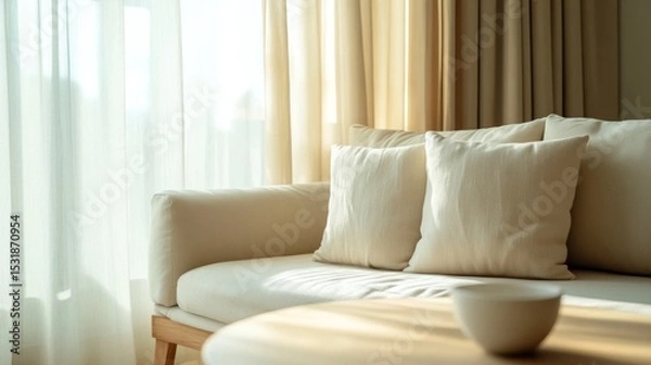 Fototapeta 74.A Scandinavian-style minimalist living room featuring a white sofa with plush beige cushions and a light wooden coffee table. Soft curtains gently hang by the window, allowing natural light to