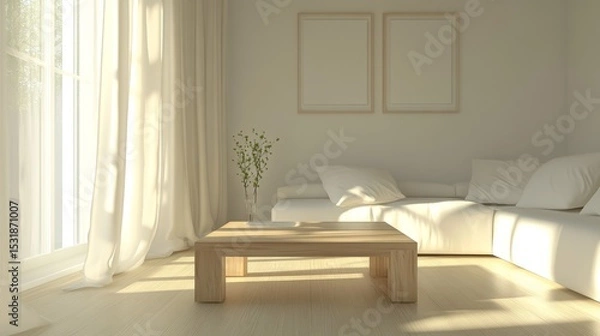 Fototapeta 73.A minimalist Scandinavian living room with a white sofa, wooden coffee table, and soft curtains creating a light and airy atmosphere. The room is filled with natural light, casting soft shadows