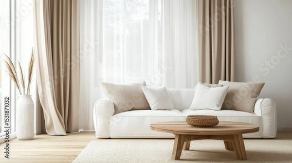 Fototapeta 75.A modern minimalist living room with a Scandinavian design, featuring a white sofa and light wooden coffee table. Soft beige curtains provide a sense of warmth, and natural light floods the room