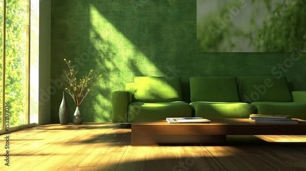 Fototapeta 76.A modern living room with a green sofa placed against a complementary green wall. The scene features a wooden floor, adding warmth and texture to the space. A sleek, minimalistic coffee table sits