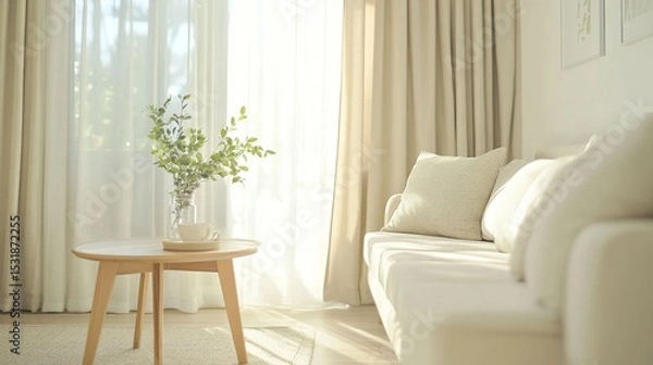Fototapeta 98.A cozy and minimalist Scandinavian living room with a white sofa, a simple wooden coffee table, and soft beige curtains that allow natural light to gently fill the space. The neutral tones of the