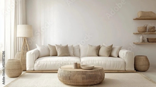Fototapeta 97.A contemporary Scandinavian living room with a sleek white sofa as the focal point, paired with a light wooden coffee table. The room is styled in a light beige color scheme, with soft curtains