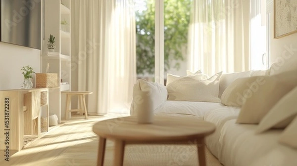 Fototapeta 99.A light and airy Scandinavian-style living room with a focus on minimalist design, featuring a white sofa with soft, inviting cushions. The wooden coffee table complements the light-colored