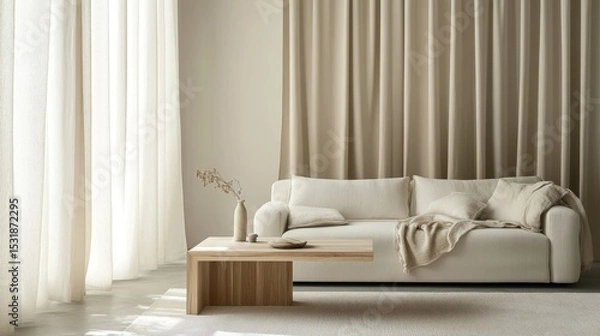 Fototapeta 98.A cozy and minimalist Scandinavian living room with a white sofa, a simple wooden coffee table, and soft beige curtains that allow natural light to gently fill the space. The neutral tones of the