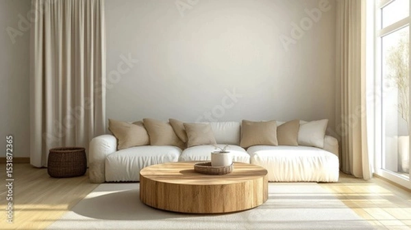Fototapeta 99.A light and airy Scandinavian-style living room with a focus on minimalist design, featuring a white sofa with soft, inviting cushions. The wooden coffee table complements the light-colored