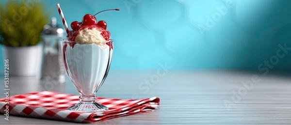Fototapeta commercial food beverage plating concept. Delicious sundae topped with cherries, served on a checkered napkin in a vibrant setting.