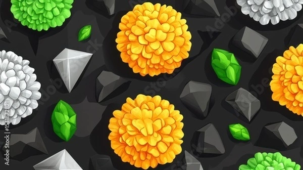 Obraz Colorful flowers and geometric shapes on a dark background