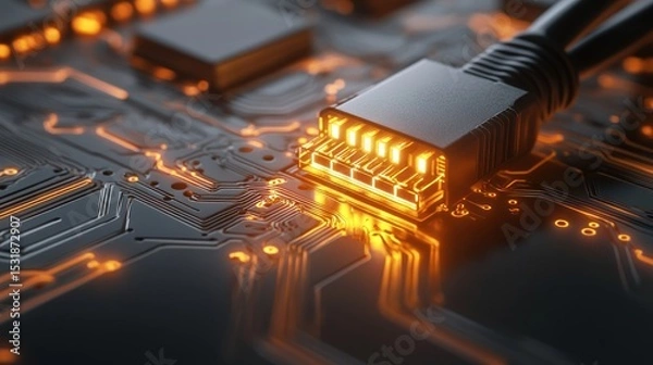 Obraz Close-up of glowing network cable connector on circuit board