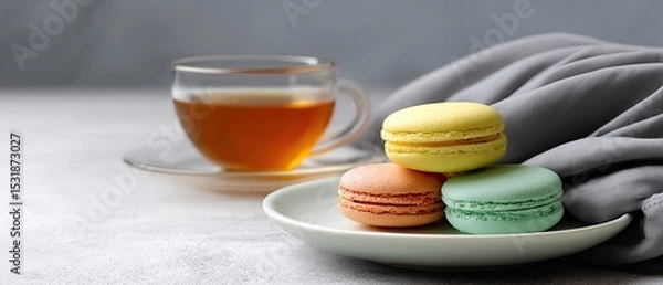 Fototapeta commercial food beverage plating concept. A cup of tea beside colorful macarons on a soft cloth backdrop.