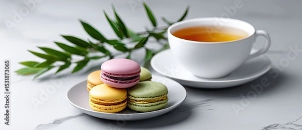 Fototapeta commercial food beverage plating concept. A cup of tea with colorful macarons and a plant in a serene setting.