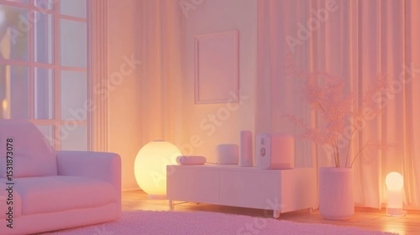 Obraz Soft, pastel-toned living room at twilight