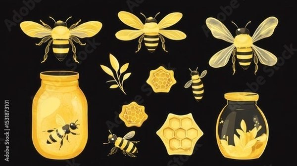 Obraz Honeycomb and bees illustration set on black