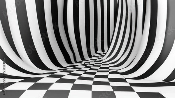 Obraz Abstract black and white striped tunnel with checkered floor