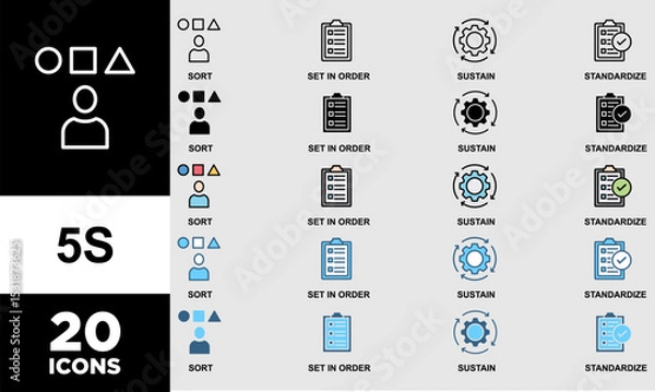 Fototapeta 5S icon set with various styles and colors of 5s banner web icon vector illustration for lean manufacturing methodology of cleaning organization system with sort, set in order, shine, standardize, and