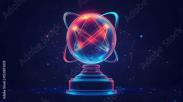 Fototapeta Futuristic Glowing Globe Trophy Award on Dark Background