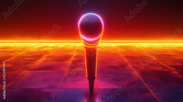 Fototapeta Futuristic Glowing Microphone in Neon Landscape