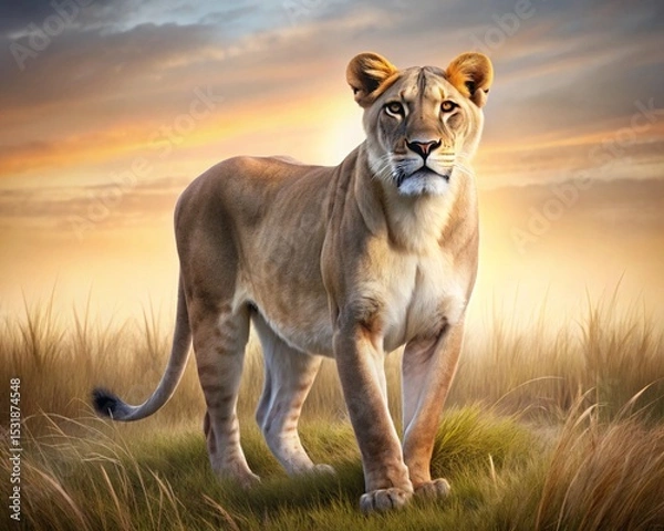 Fototapeta Majestic wild animals: a lion and lioness, a lion in the grass, and a young lion cub