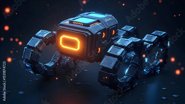 Fototapeta Futuristic Glowing Robot in Dark Setting