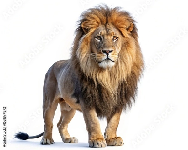 Fototapeta Captivating portrait of an 8-month-old male lion, Panthera leo, with a developing mane, isolated on a white background