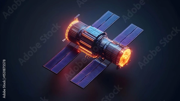 Fototapeta Futuristic Low-poly Satellite in Space, Glowing Orange and Blue