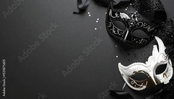 Fototapeta Elegant masquerade masks on a minimalist black background with copy space