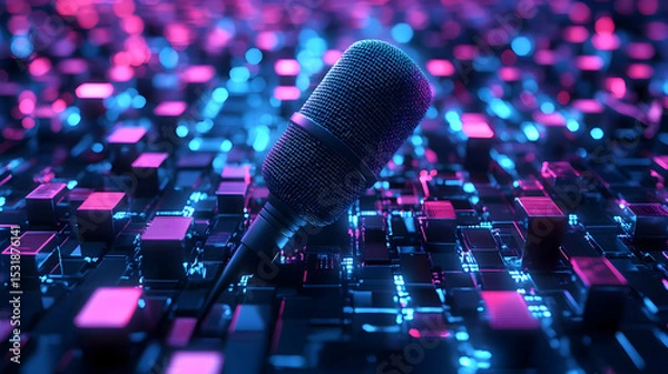 Fototapeta Futuristic Microphone on Glowing Pixelated Surface