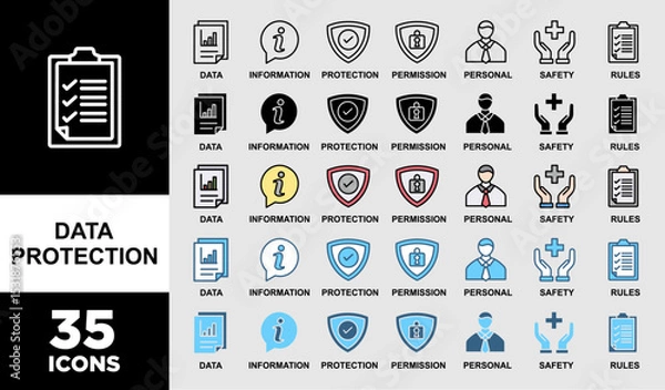 Fototapeta DATA PROTECTION icon set with various styles and colors of data, information, protection, permission, personal, safety and rules