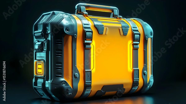 Fototapeta Futuristic Orange Suitcase with Glowing Details on Dark Background