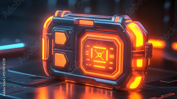 Fototapeta Futuristic Orange Glowing Tech Device on Dark Metal Surface