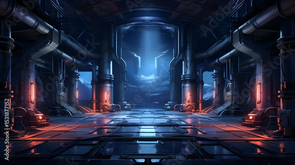 Fototapeta Futuristic Pixel Art Sci-fi Environment with Glowing Blue and Red Lighting