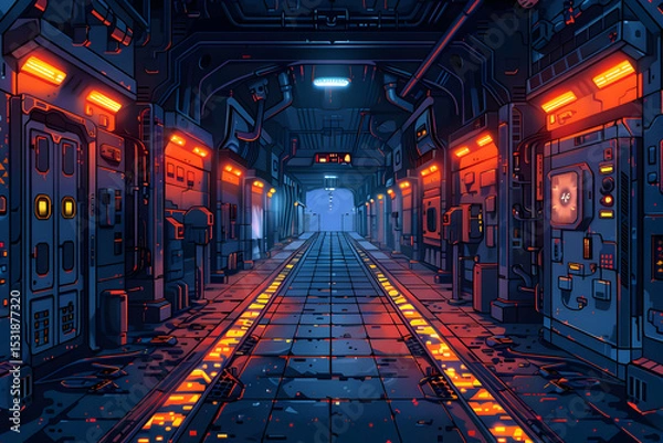 Fototapeta Futuristic Pixel Art Tunnel: Glowing Orange and Blue Lights in a Dark Metal Corridor