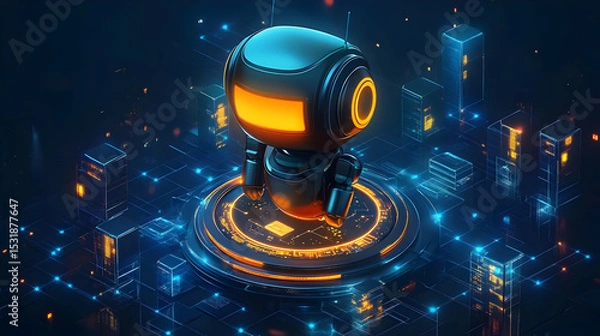 Fototapeta Futuristic Robot in Glowing Digital Cityscape