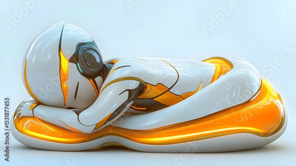Fototapeta Futuristic Robot Resting on Glowing Orange Cushion
