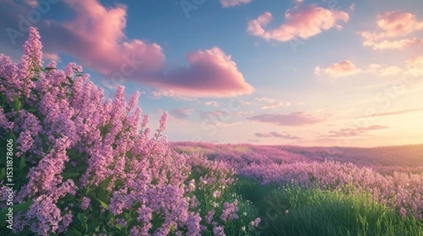 Fototapeta 4.A picturesque view of blooming lilac bushes and pink wildflowers on a peaceful meadow, with a dreamy sky of soft pink morning clouds blending gently into the blue horizon.
