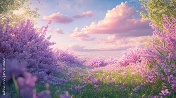 Fototapeta 2.A tranquil spring meadow filled with lush lilac bushes in full bloom, their vibrant purple hues contrasting with delicate pink wildflowers scattered across the grass, framed by soft pink morning
