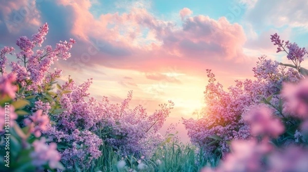 Fototapeta 4.A picturesque view of blooming lilac bushes and pink wildflowers on a peaceful meadow, with a dreamy sky of soft pink morning clouds blending gently into the blue horizon.
