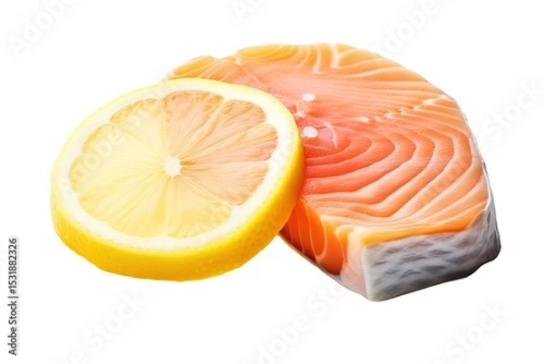 Fototapeta Fresh salmon slice with lemon slice isolated on a white background close up