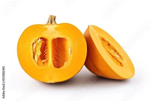 Fototapeta Freshly cut cantaloupe displaying its internal structure isolated against a white background