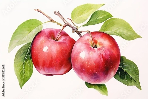 Fototapeta Watercolor painting of ripe red apples with green leaves on a branch against white background.