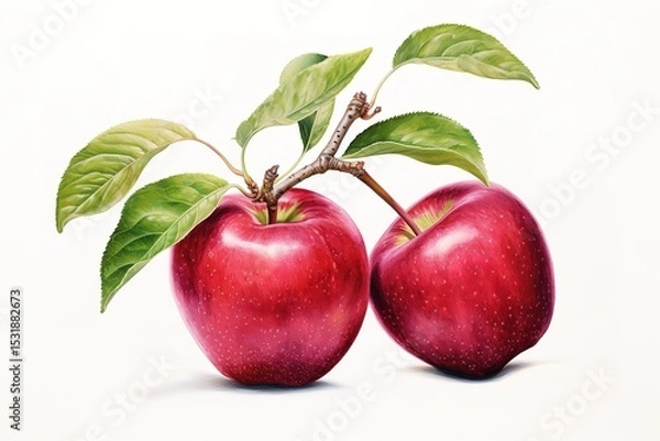 Fototapeta Realistic illustration of two shiny red apples with green leaves and a small branch