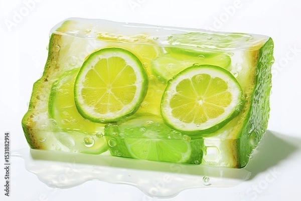 Obraz Refreshing lime slices embedded in transparent gelatin block on white surface