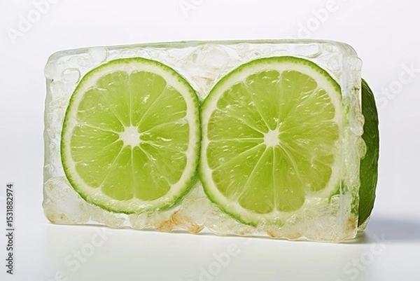 Fototapeta Fresh lime slices embedded in a clear ice block on a bright white background