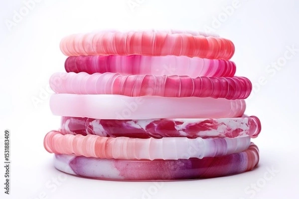 Fototapeta Stacked collection of stylish and colorful pink bracelets against a white background