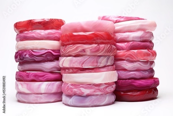 Fototapeta Stacks of elegant pink and red resin bangles displayed on a clean white background